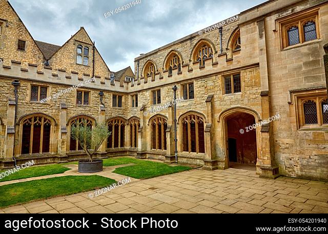 The view of the Cloister Garden of Christ Church with the olive tree in lead planter. Oxford University. England