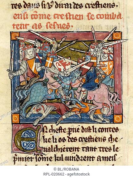 Arthurian knights in battle, Miniature A battle between King Arthur's Christian knights and the Sesnes Saxons. Image taken from Merlin
