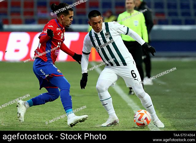 RUSSIA, MOSCOW - FEBRUARY 23, 2023: FC CSKA Moscow's Jesus Medina (L) and FC Krasnodar's Cristian Ramirez in action in their 2022/23 Russian Football Cup...