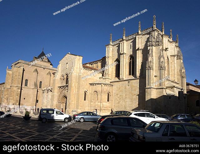 Cathedral in Leon, Plaza Regla, Spain. Walking the Camino. Pilgrimage route to Santiago de Compostela. The Camino French Way traditionally starts in St