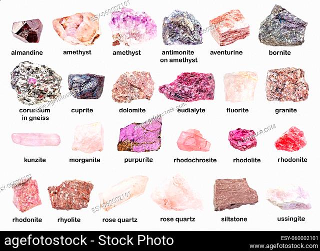 set of various unpolished pink stones with names (purpurite, eudialyte, corundum, dolomite, ussingite, siltstone, cuprite, amethyst, morganite, rhodonite