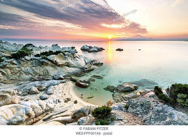 Greece, Macedonia, Chalkidiki, Sarti, Orange Beach at sunset