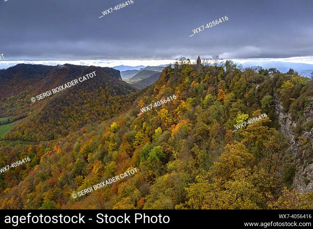 Cabrera sanctuary seen from the summit in autumn (Barcelona province, Catalonia, Spain)