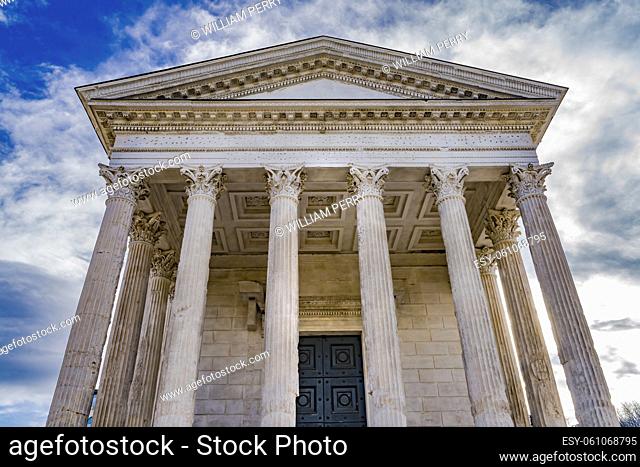 Maison Caree Ancient Classical Roman Temple Plaza Nimes Gard France. Oldest Roman Temple in Europe created in 7 AD dedicated to Caesar's grandsons