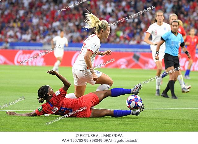 02 July 2019, France (France), Décines-Charpieu: Football, women: World Cup, England - USA, final round, semi-final, Stade de Lyon: England's Rachel Daly (back)...