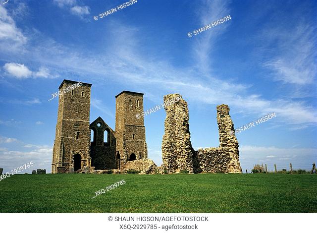 Reculver Roman Fort and towers of Saint Mary's Church in Kent in England in Great Britain in the United Kingdom UK Europe