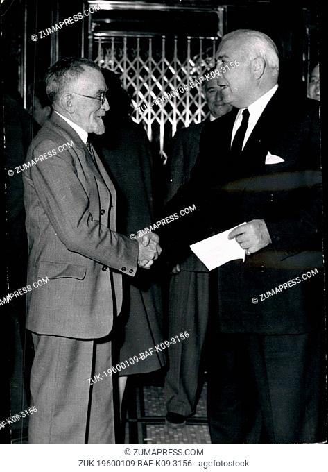 1953 - Cinemascope (three-dimension film) demonstrated in Paris Spyros P. Skouras (right), president of the 20th Century Fox Film shakes hands with Henry...