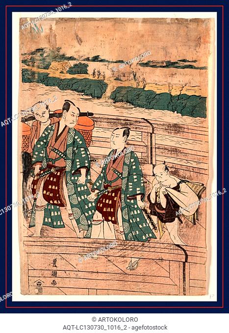 Azumabashi o wataru ichikawa omezo to sawamura gennosuke, Ichikawa Omezo and Sawamura Gennosuke crossing Azuma Bridge., Utagawa, Toyokuni, 1769-1825, artist