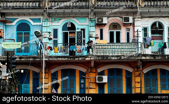 HO CHI MINH CITY, VIET NAM- APRIL 18, 2017: Close up of front of building at Cho Lon, amazing ancient architecture of old house at China town, Vietnam