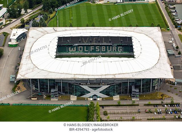 Aerial view, Volkswagen Arena of Wolfsburg, Bundesliga Football Club, Volkswagen factory in Wolfsburg, Lower Saxony, Germany