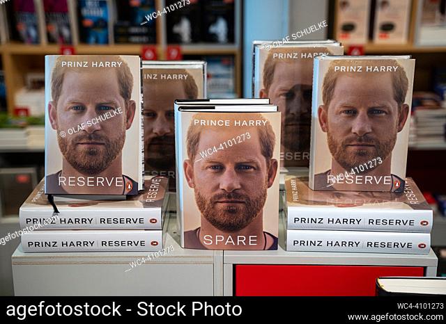 Berlin, Germany, Europe - Hardcover copies of Prince Harry Memoirs and the translated German version ""Reserve"" are seen on display at a Hugendubel bookshop in...