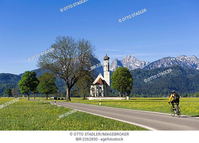 Cyclist on the road to the pilgrimage church of St. Coloman, Schwangau near Fuessen, Bavarian Alps, Allgaeu, Upper Bavaria, Bavaria, Germany, Europe