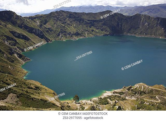 View to the Laguna Quilatoa, volcanic crater with green lake of alkaline water, Cotopaxi Province, Central Highlands, Ecuador, South America