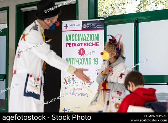 Health workers and children with their parents in the new Covid-19 Pediatric vaccination center at the Auditorium Parco della Musica of Rome