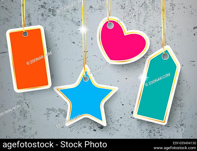 Colored price stickers on the concrete background. Eps 10 vector file