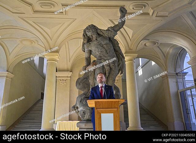 Czech Foreign Affairs Minister Jakub Kulhanek speaks during a briefing on Monday, October 4, 2021, after talks with British Ambassador to the Czech Republic...
