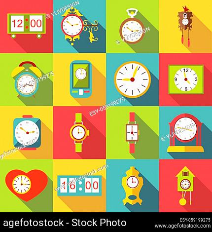 Different clocks icons set. Flat illustration of 16 different clocks vector icons for web