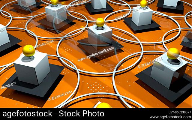 3d render complex realistic composition from various geometric primitive objects. Rotating rings, platforms, balls, cubes