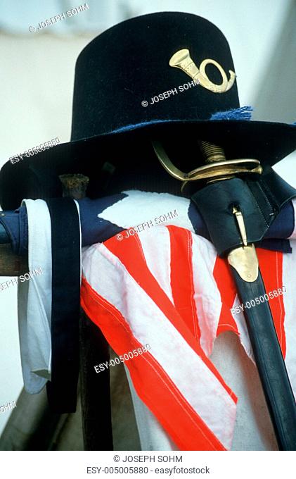 U.S. Calvary hat, sword and flag from American Civil War
