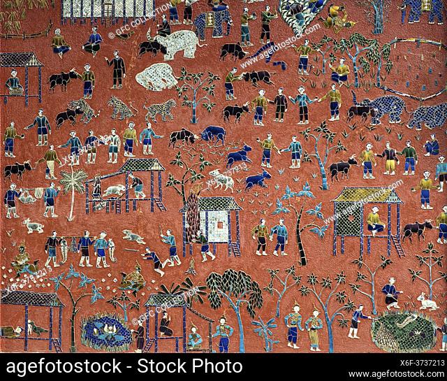 Glass mosaic depicting stories from the parables of Siaosawat, including religious activities and daily life scenes, external wall of the Red Chapel