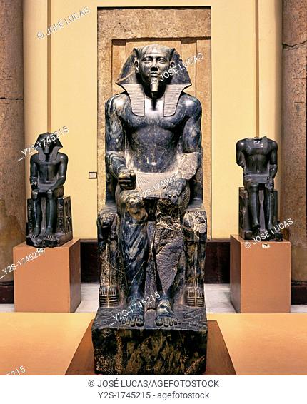 Diorite statue of Pharaoh Khafre, 26th century BC, Museum of Egyptian Antiquities, Cairo, Egypt