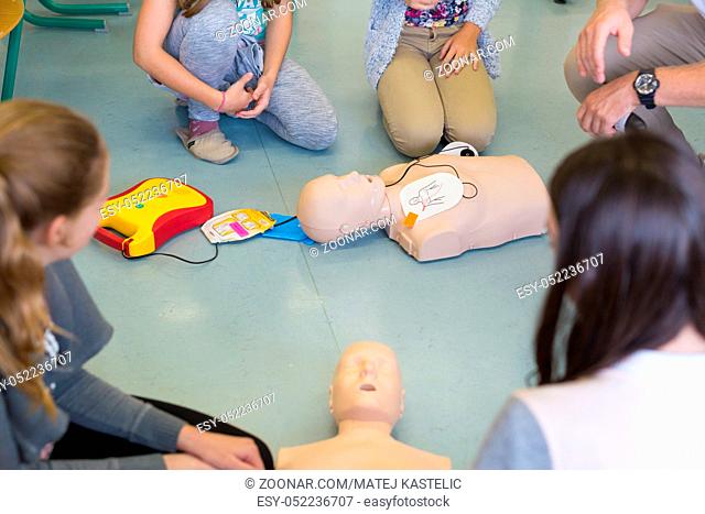 First aid cardiopulmonary resuscitation course using automated external defibrillator device, AED