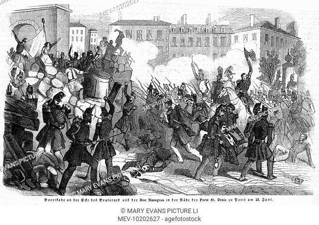 The government troops of general Lamoriciere charge the barricade in the rue Mazagran, at the Porte Saint- Denis, Paris