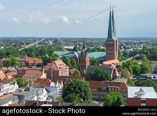 Aerial view of the Hanseatic City of Lübeck, a city in Northern Germany