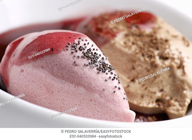 closeup of a chocolate and strawberry ice cream