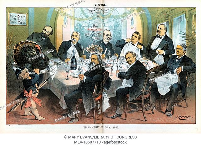 Thanksgiving day, 1885. Illustration shows President Cleveland standing at the head of a table with his cabinet officers around the table at placemats labeled...