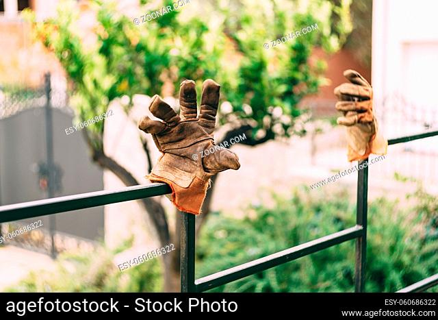 Orange work gloves put on a metal fence against a background of greenery. High quality photo