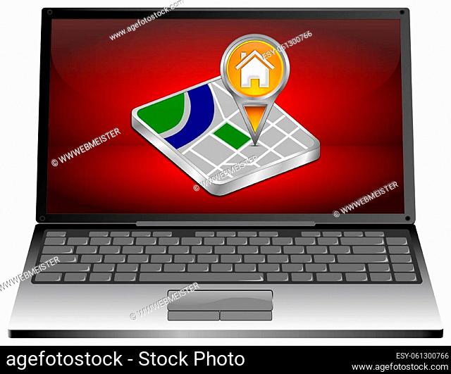 Laptop Computer with orange Home map pointer on red desktop - 3D illustration