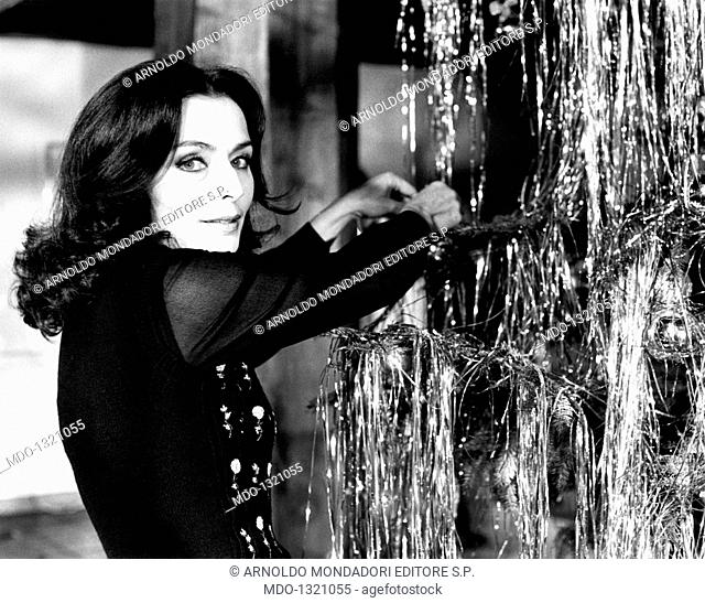 Marina Berti decorating the Christmas tree. The Italian actress Marina Berti (Elena Maureen Bertolino) decorating the Christmas tree. Rome, 1970s