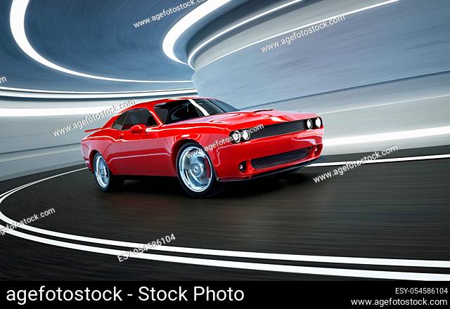 Front angle view of a generic red brandless American muscle car in a tunnel with motion blur . Transportation concept . 3D Rendering