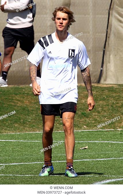 Justin Bieber playing soccer in Marina del Rey, California. Featuring: Justin Bieber Where: Marina del Rey, California, United States When: 24 Mar 2018 Credit:...