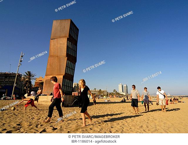 Monument Homenatge a la Barceloneta, sculpture by Rebecca Horn on Platja de Sant Sebastia Beach in Barcelona, Catalonia, Spain, Europa