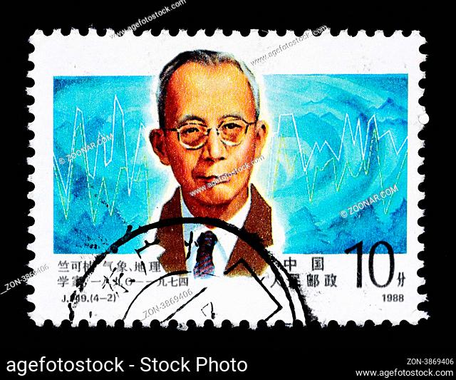 A stamp printed in China shows portrait of Chinese scientist Zhu Kezhen , circa 1988