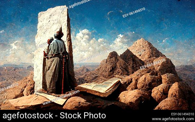 Illustration of Moses receiving the ten commandments at Mount Sinai, religion and faith, prophet of judaism and christianity