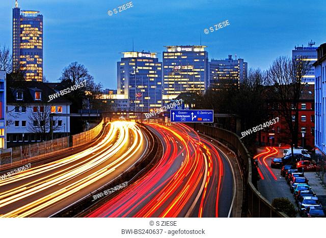 Ruhrschnellweg, highway A40 in Essen downtown in the evening, Germany, North Rhine-Westphalia, Ruhr Area, Essen