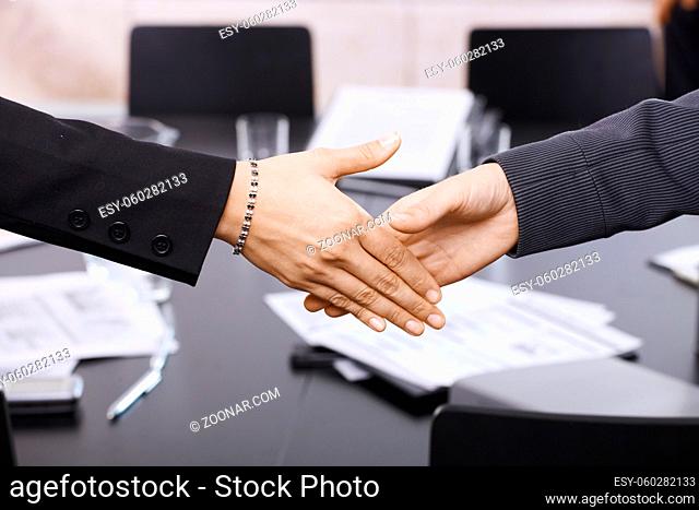 Closeup of hands. Businesswomen handshake over table, in office meeting room