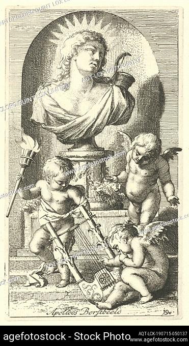 Three putti with a bust of Apollo Apolloos Bust (title on object) One-and-forty pieces, Verscheydene Sinnebeeld (series title)