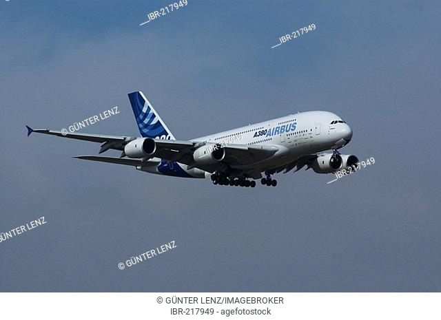 Airbus A380 approaching Franz-Josef-Strauss-Airport, Munich, Bavaria, Germany