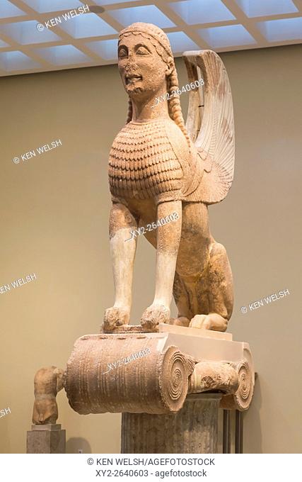 Delphi, Phocis, Greece. Delphi Archaeological museum. Sphinx from the Naxian Column, dating from around 570-560 BC