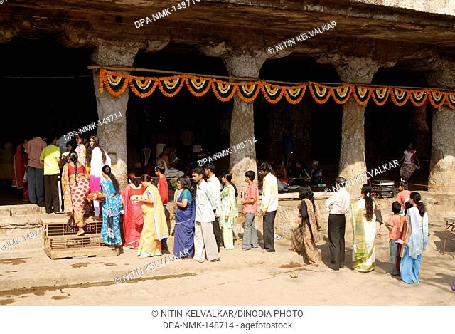 Devotees of lord shiva gathered for celebrating mahashivaratri festival at Mandapeshwar caves ; Borivali ; Bombay now Mumbai ; Maharashtra ; India