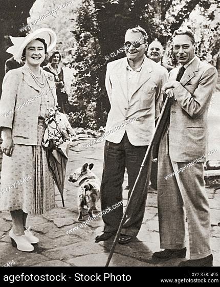 EDITORIAL ONLY King George VI and Queen Elizabeth seen here entertaining a party of blind peope in 1951. George VI, Albert Frederick Arthur George, 1895 â