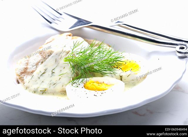 dill sauce with dumplings and boiled eggs