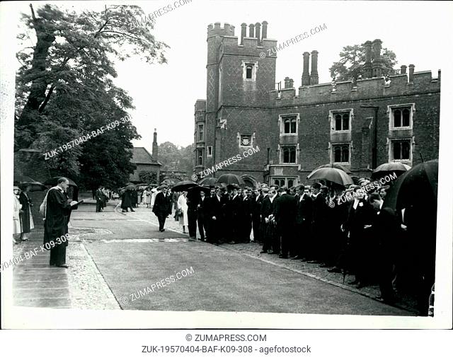 Apr. 04, 1957 - June the Fourth Celebrations At Eton.. 'Calling Absences'.. in Weston Yard. Keystone Photo Shows: The scene during the rain this morning at the...