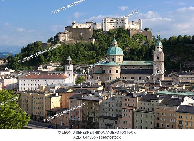 View from Kapuzinerberg mountain towards the old town of Salzburg  Austria