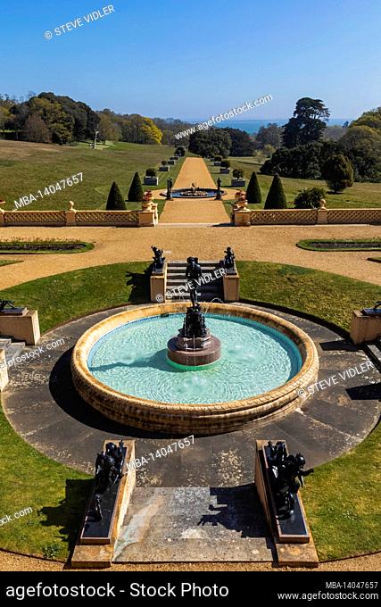 england, isle of wight, east cowes, osborne house, the palatial former home of queen victoria and prince albert, fountain and gardens with view of the solent