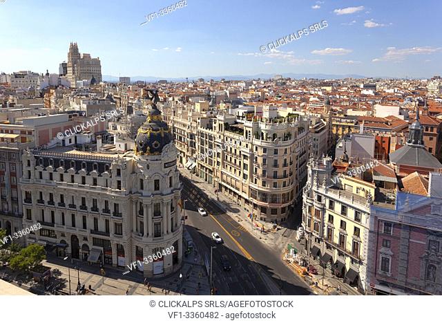 Overview of Metropolis Palace and historic center of Madrid from the terrace of Fine Arts Circle (Circulo de Bellas Artes), Madrid, Spain